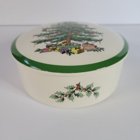 Green White Spode Christmas Tree Porcelain Round 5” Trinket Powder Box England - Picture 5 of 14